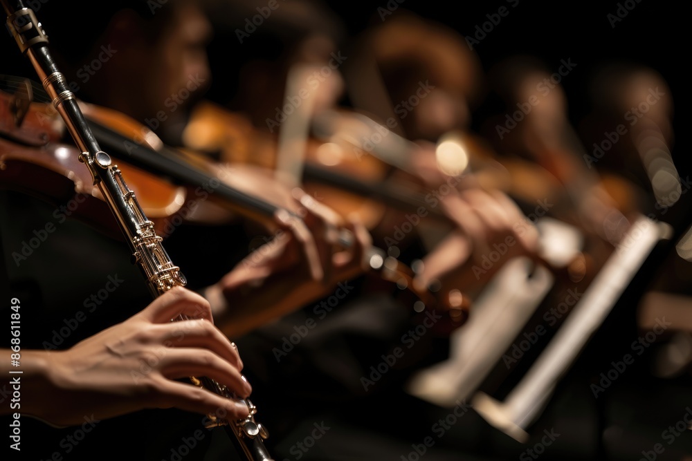 Fototapeta premium Symphony Instruments. Flute Performance in Indoor Concert by Orchestra