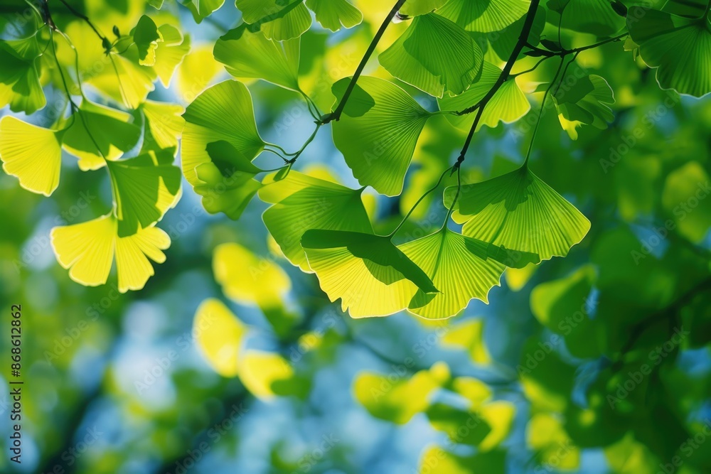 Fototapeta premium Gingko Leaf Close Up. Vibrant Green Foliage of Gingko Biloba Tree Branch in Nature