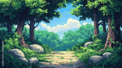 Forest pathway flat design front view enchanted theme pixel art Complementary Color Scheme photo