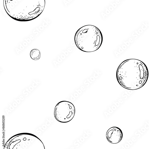 Round bubbles of water, soap. Marine illustration of the underwater world hand drawn in black ink graphically. Vector seamless pattern, pattern, ornament, simple in EPS.