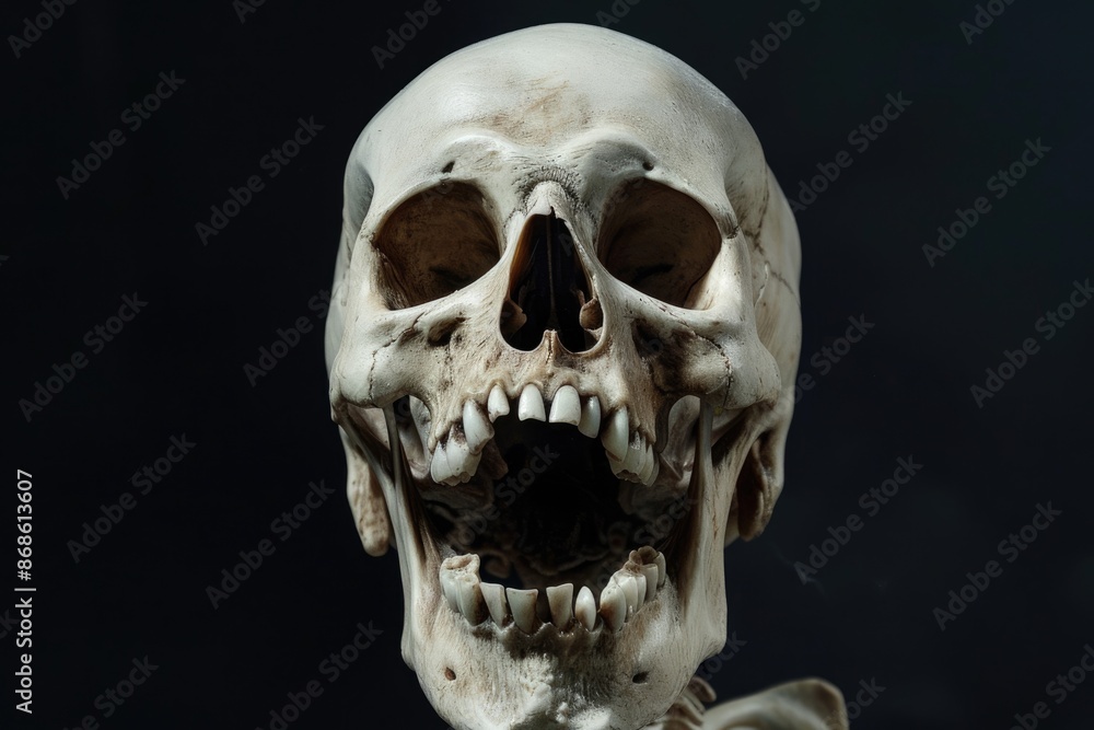 Evil Mouth. Laughing Human Skull with Open Mouth in Front View on Black Background Evil Mouth. Laughing Human Skull with Open Mouth in Front View on Black Background