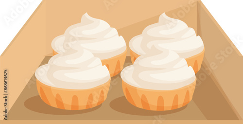 Four delicious creamy tarts with crispy crust are displayed in a cardboard box