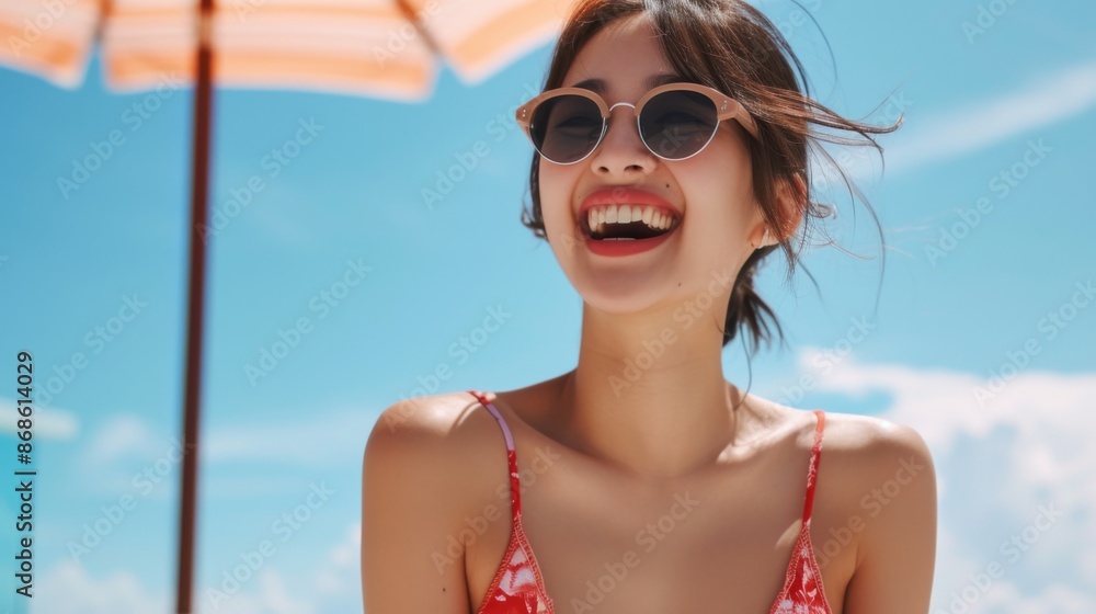 A relaxed Asian woman in stylish swimwear and sunglasses is laughing on a sunny rooftop during her summer vacation A relaxed Asian woman in stylish swimwear and sunglasses is laughing on a sunny rooftop during her summer vacation