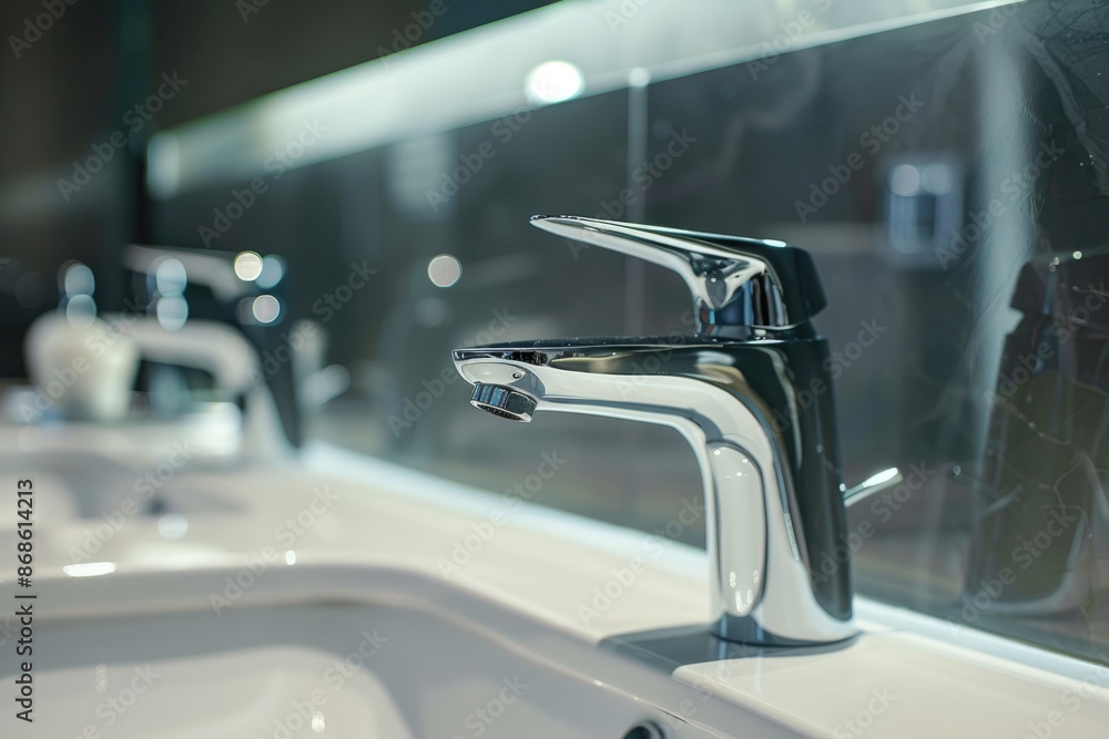 Shiny Bathroom. Clean Chrome Faucet and Washbasin in Modern Home Interior Shiny Bathroom. Clean Chrome Faucet and Washbasin in Modern Home Interior