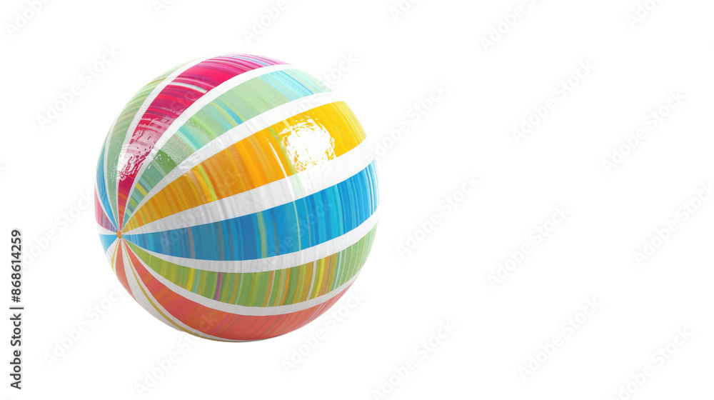 Beach ball with vibrant stripes on white background