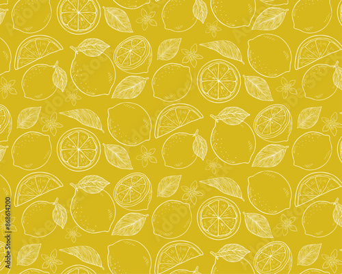 レモンとリーフの手描き風シームレスパターン