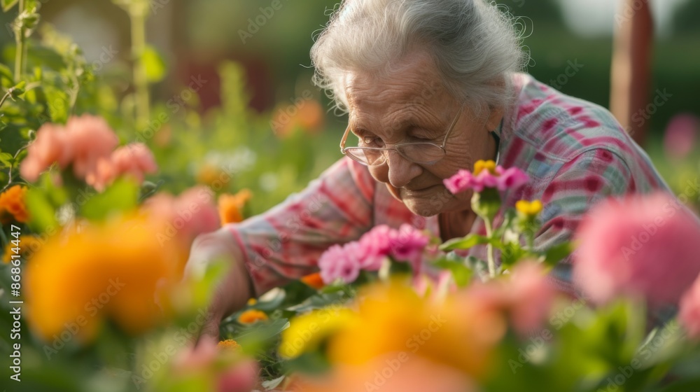 An elderly woman is lovingly tending to her garden surrounded by a variety of blooming flowers An elderly woman is lovingly tending to her garden surrounded by a variety of blooming flowers