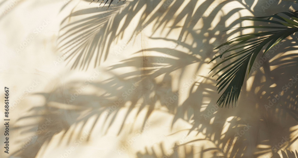 Fototapeta premium Serene Palm Tree Shadows on Light Beige Wall with Soft Focus Background