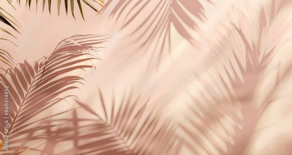 Fototapeta premium Serene Palm Tree Shadows on Light Pink and Beige Background for Calm Atmosphere