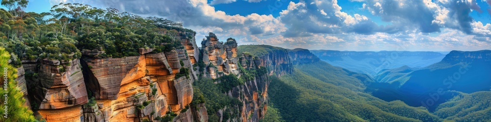 Fototapeta premium Australia Blue Mountains Panorama. Majestic Cliff Formations in Dramatic Blue Environment