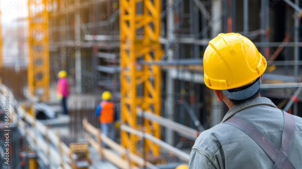 An engineer wearing a yellow helmet is at a busy construction site equipped with various tools An engineer wearing a yellow helmet is at a busy construction site equipped with various tools