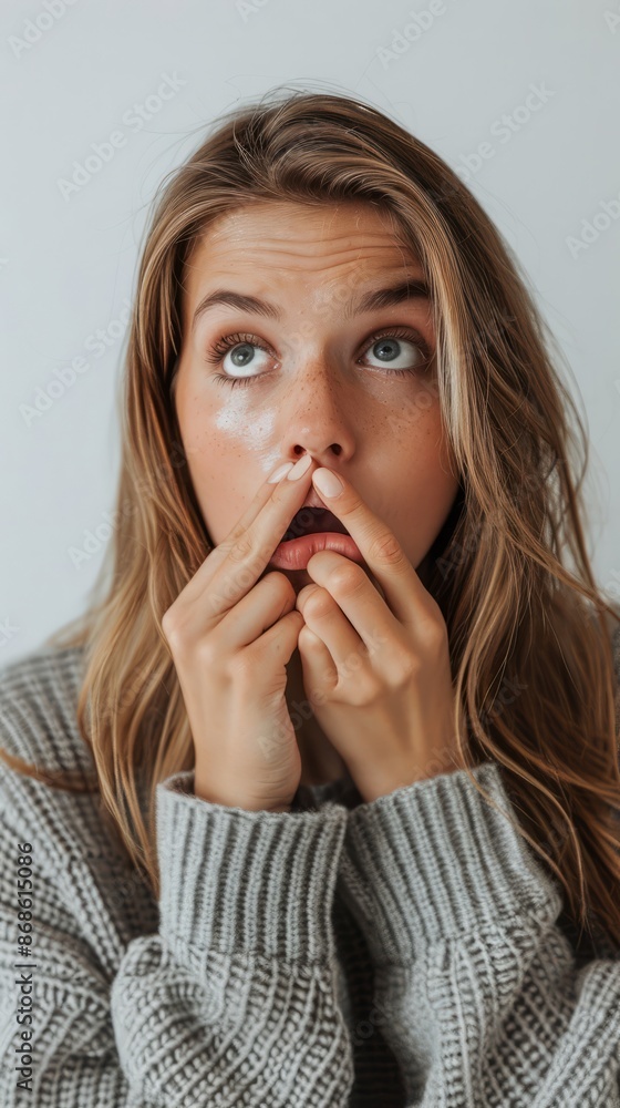 Free photo horizontal shot of shocked young woman keeps hand on lips, gazes Free photo horizontal shot of shocked young woman keeps hand on lips, gazes