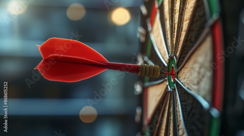 A red dart is captured in midflight hitting the bullseye of a dartboard