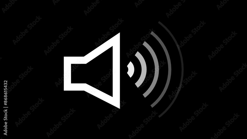 White sound icon audio music speech frequency speaker animation and black background. Volume waveform with sound wave animated. White sound icon audio music speech frequency speaker animation and black background. Volume waveform with sound wave animated.