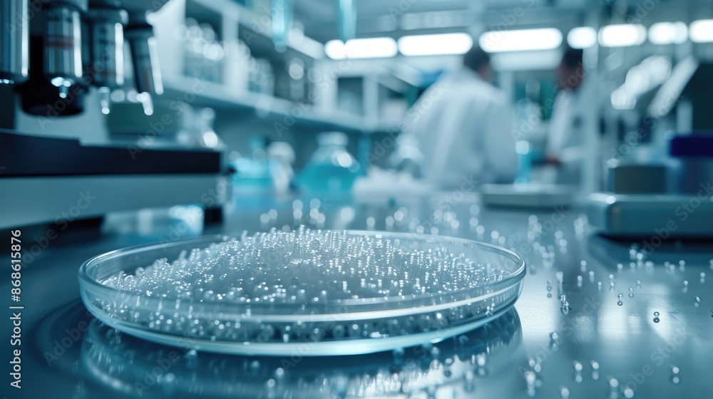 Close-up of laboratory equipment with tiny nanoparticles scattered on a petri dish, representing nanowaste materials. Background features a lab setting with researchers in white coats. Close-up of laboratory equipment with tiny nanoparticles scattered on a petri dish, representing nanowaste materials. Background features a lab setting with researchers in white coats.