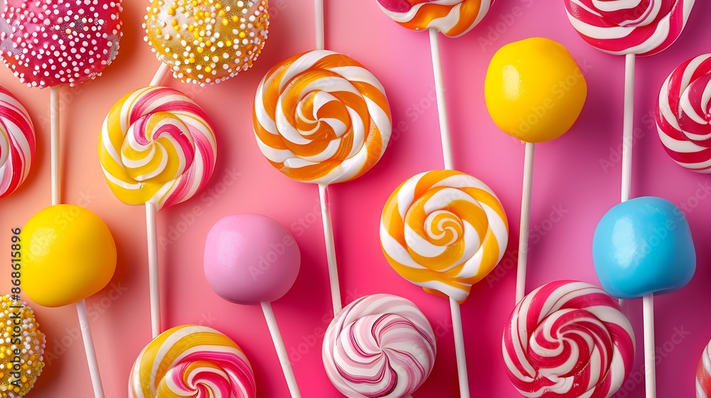 A collection of bright lollipops on a coloured backdrop very detailed and realistic shape A collection of bright lollipops on a coloured backdrop very detailed and realistic shape