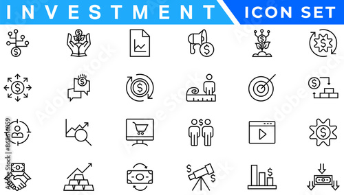 Investment icon set. Containing investor, mutual fund, asset, risk management, economy, financial gain, interest and stock icons. Solid icon collection.