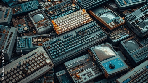 Detailed view of a pile of outdated electronic devices, including keyboards, mice, and printers, emphasizing the rapid obsolescence of technology and its environmental consequences photo