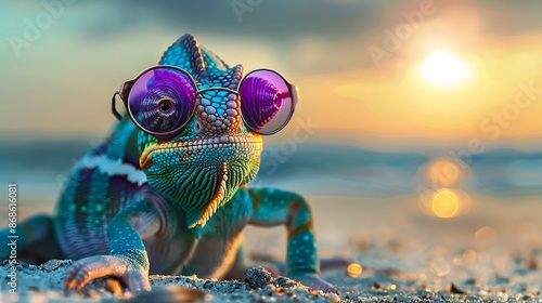 Obraz na płótnie A colorful chameleon lizard in stylish purple glasses on the beach at the time of sunset very detailed and realistic shape w salonie