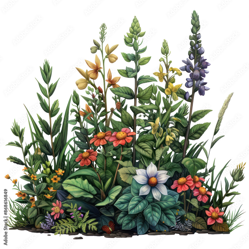 Illustration of a beautiful wildflower garden with various colorful flowers and plants, showcasing vibrant natural beauty. Illustration of a beautiful wildflower garden with various colorful flowers and plants, showcasing vibrant natural beauty.