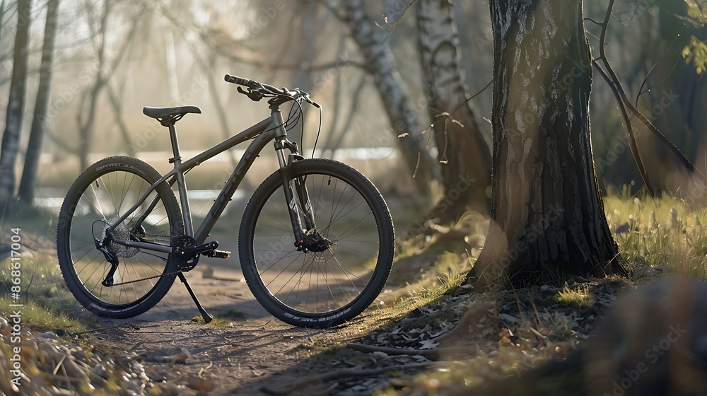 A contemporary black mountain bike leaning beside a tree very detailed and realistic shape A contemporary black mountain bike leaning beside a tree very detailed and realistic shape