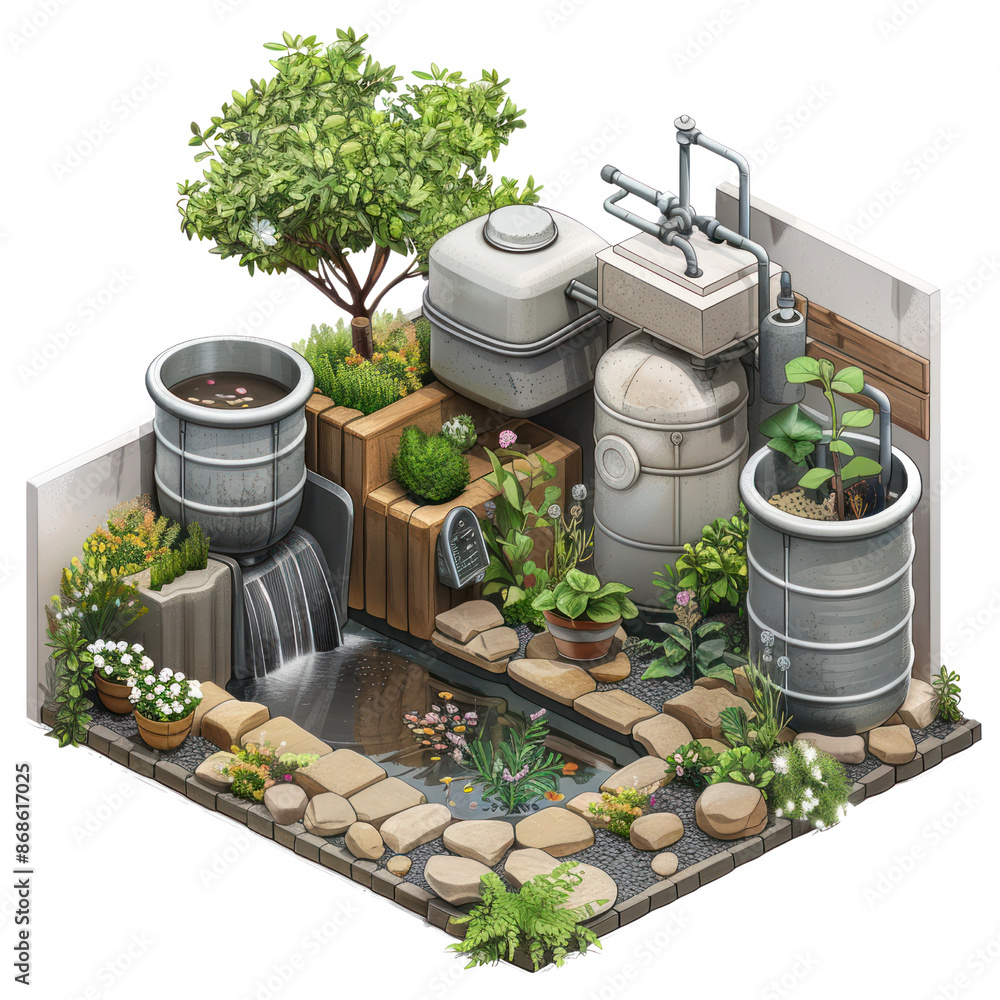 Obraz premium Sustainable backyard design with water reservoir, plants, and landscaping. Eco-friendly gardening for efficient water use.