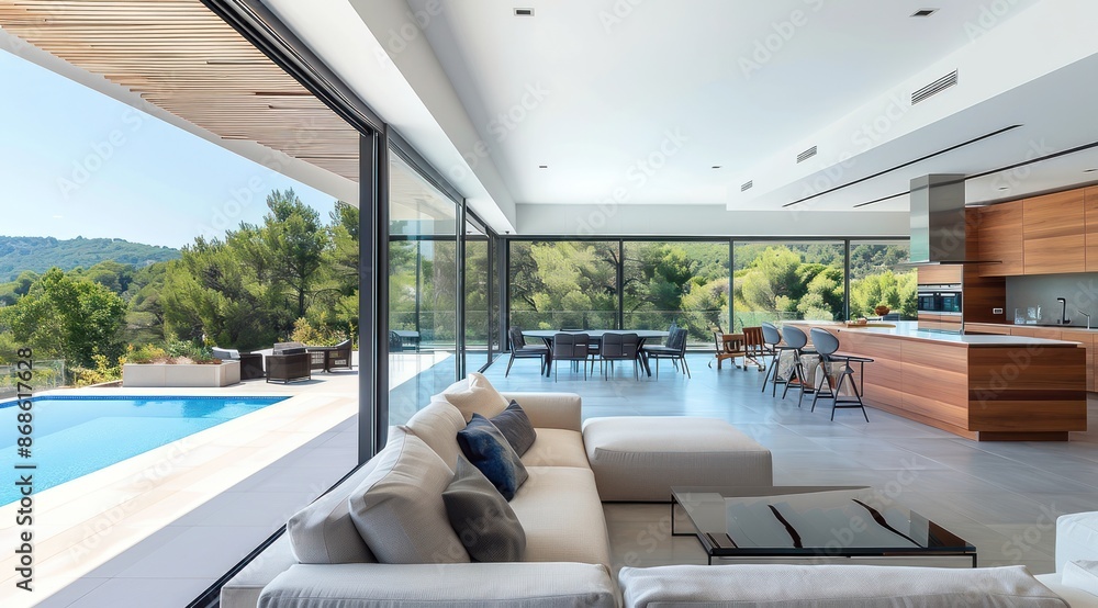 Fototapeta premium Maison dans le sud de la France avec de grandes fenêtres et une piscine, donnant sur des collines boisées. Vue intérieure du salon dans un style architectural moderne.