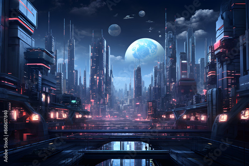 illustrated neo style anime cyberpunk city, cyber city future