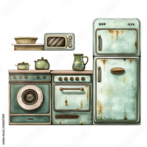 Vintage kitchen appliances including a refrigerator, oven, microwave, and washing machine in antique blue with rust and wear.