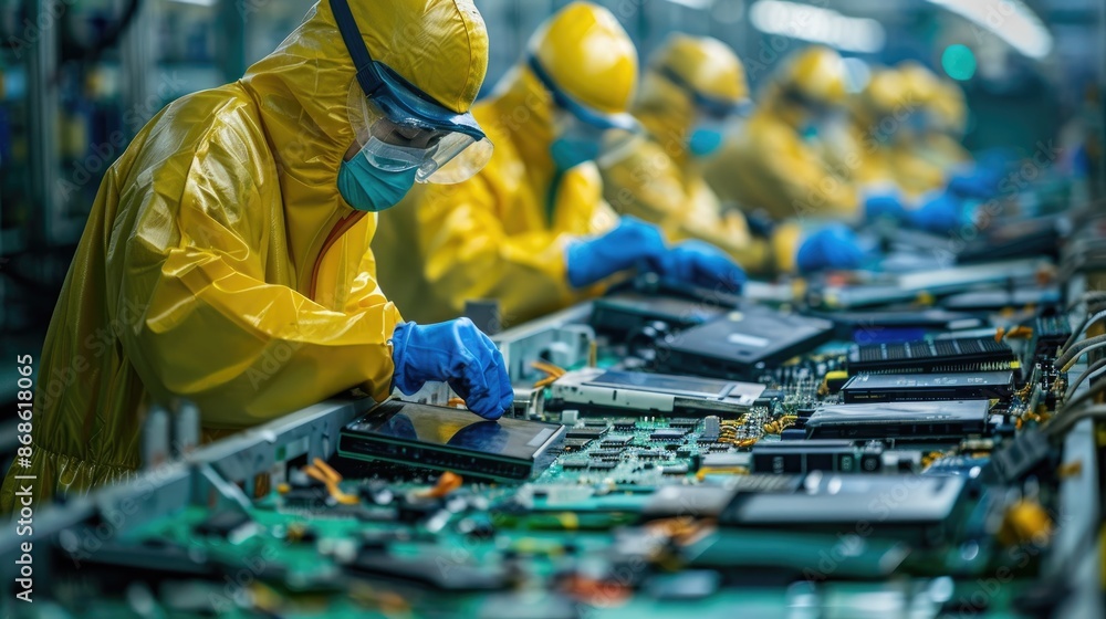 Workers in protective gear disassembling old electronic devices in a ...