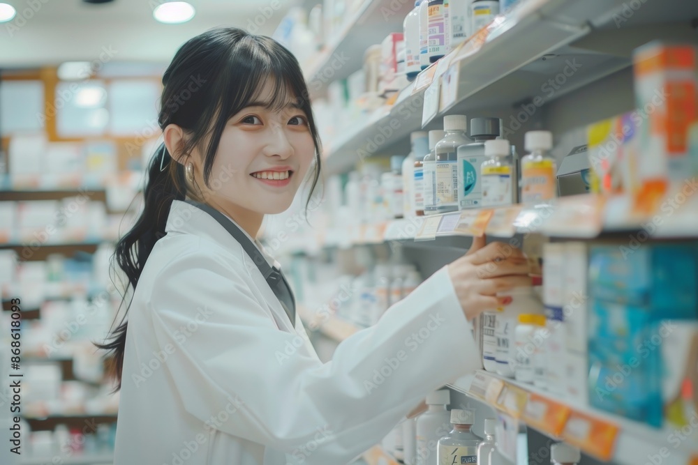 Smiling Pharmacist in White Coat Reaching for a Bottle Smiling Pharmacist in White Coat Reaching for a Bottle