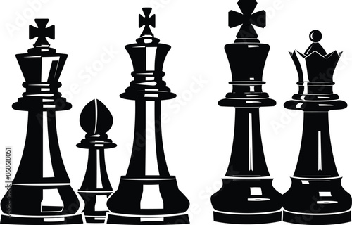 Chess pieces silhouette set. Chess piece icons. Board game. Sports and intellectual game, strategy. Queen, king, horse and pawn. Cartoon flat vector illustrations isolated on white background.