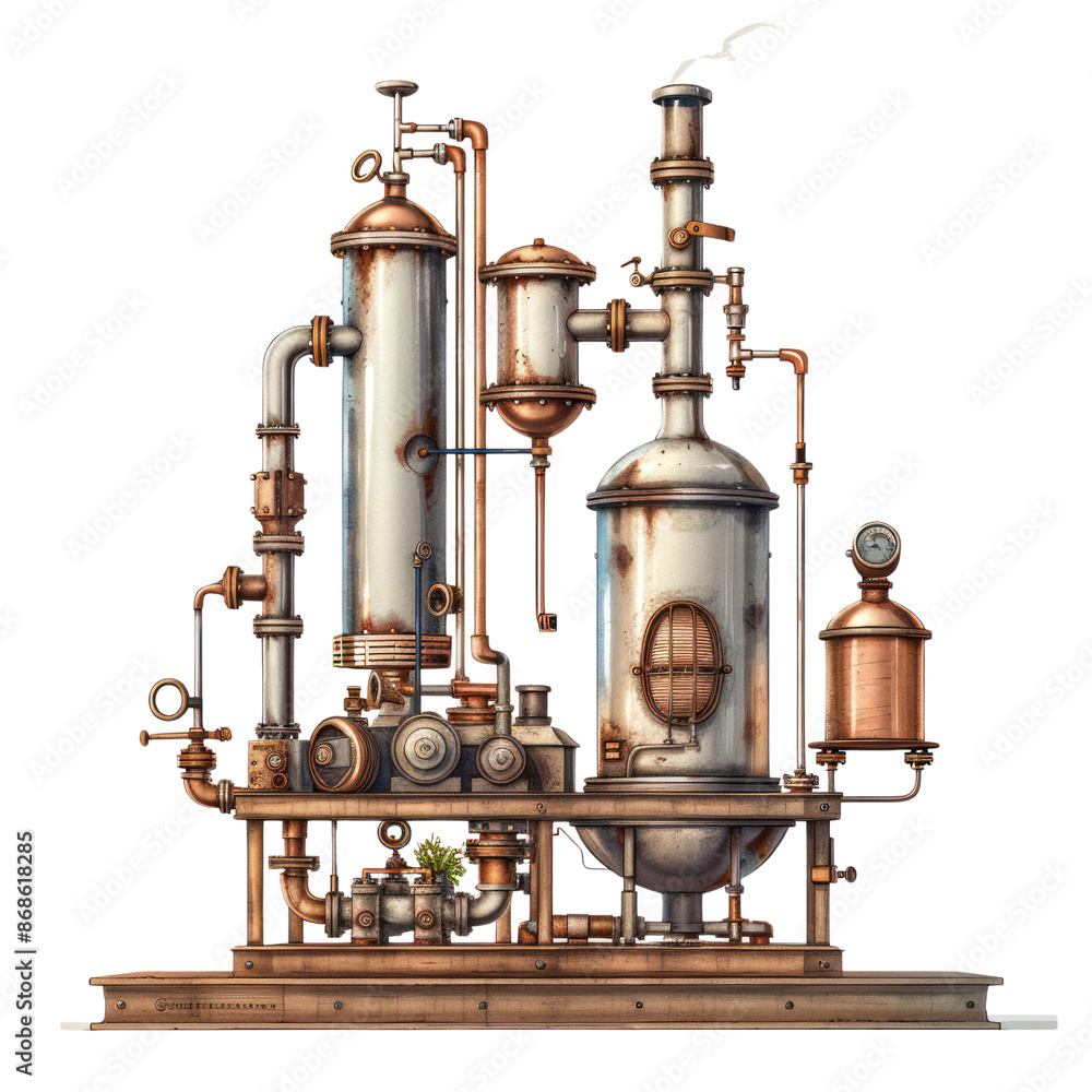 Detailed illustration of a steampunk-inspired industrial machine with pipes and tanks, showcasing vintage mechanical engineering design. Detailed illustration of a steampunk-inspired industrial machine with pipes and tanks, showcasing vintage mechanical engineering design.
