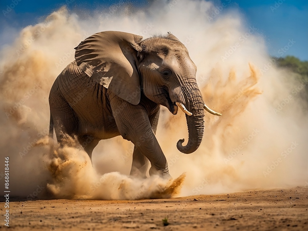 Fototapeta premium Dynamic movement of an elephant as it performs a dust bath ritual, kicking up clouds of dust and creating abstract shapes and patterns in the air.