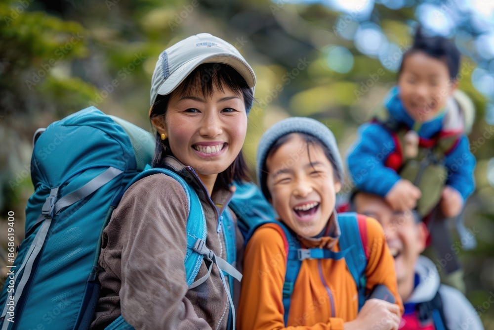 Japanese family exploring a mountain trail, hiking and adventure, teamwork and joy, stunning natural backdrop Japanese family exploring a mountain trail, hiking and adventure, teamwork and joy, stunning natural backdrop