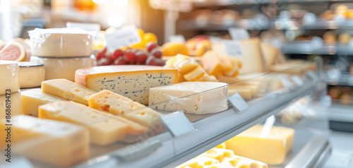 Luxury store with various cheeses on counter, blurred fruits and soft lighting in background.