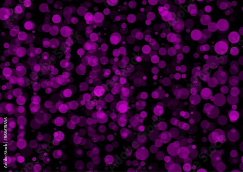 A black abstract background consisting of pink circles of various sizes scattered throughout the image can be used in media design.