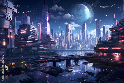 illustrated neo style anime cyberpunk city, cyber city future