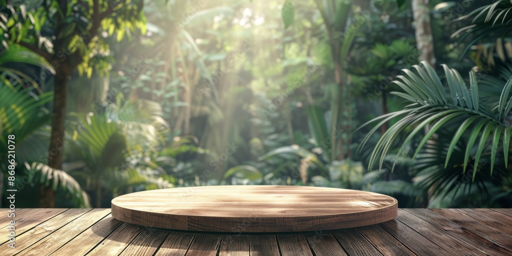 Fototapeta premium Wood tabletop podium floor in outdoors tropical garden forest blurred green leaf plant nature background.Natural product placement pedestal stand display,jungle paradise concept. High quality photo