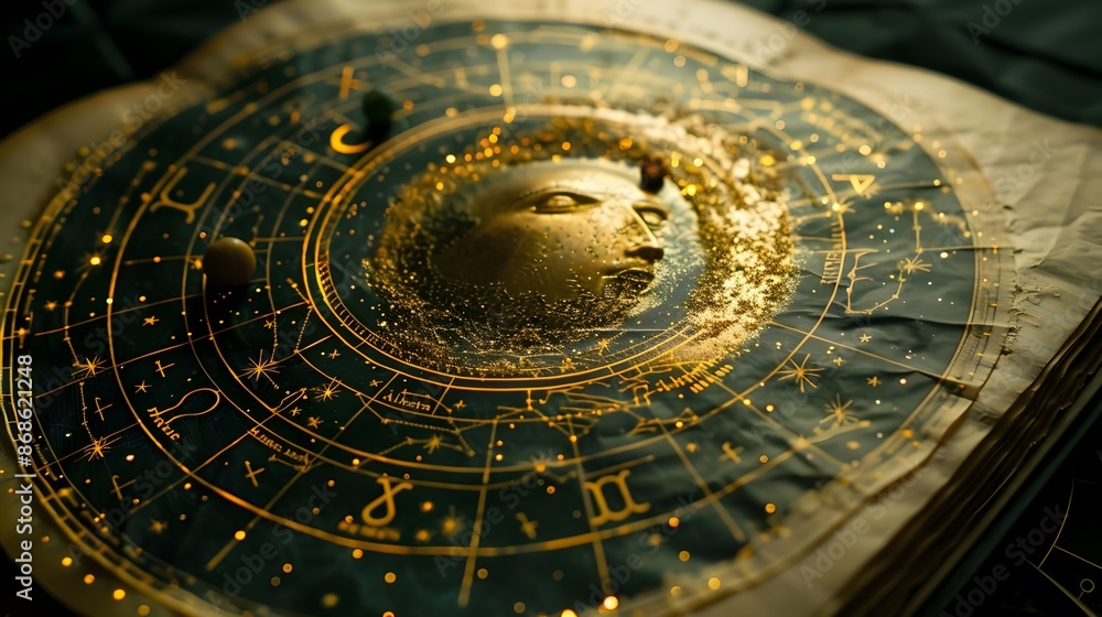 Fototapeta premium Cosmic-Themed Celestial Bookmark with Zodiac Symbols and