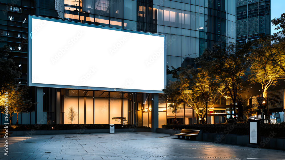 Urban evening scene with large blank billboard, modern buildings.. Urban evening scene with large blank billboard, modern buildings..