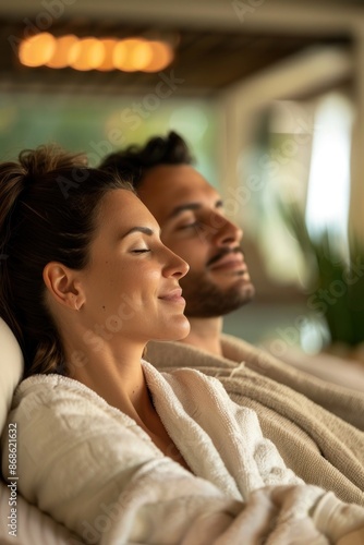 Portrait of an American couple experiencing a luxury spa retreat, relaxation and rejuvenation, elegant and serene atmosphere