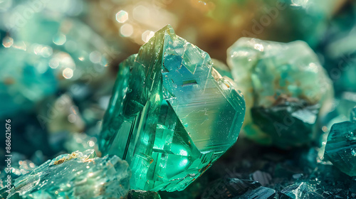 Amazing close-up of a green gemstone. The crystal is reflecting the light and has a beautiful sparkle.