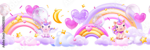 3D clouds rainbow seamless border, vector magic kids pink background, cute cartoon unicorn, stars. Fairy tale sky horizontal wallpaper, baby kawaii pony bedroom banner. Sweet fantasy 3D clouds frame