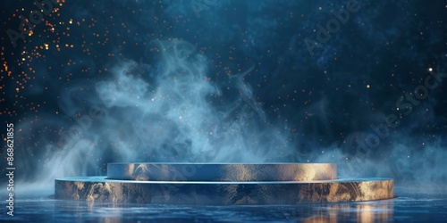Abstract Blue and Gold Platform with Smoke and Lights