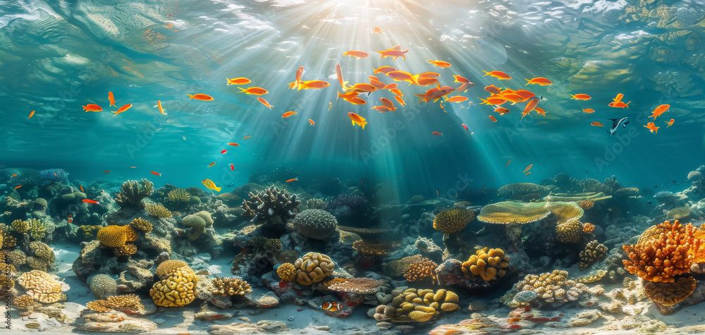 Naklejka premium Beautiful coral reef with colorful fish and sun rays, capturing underwater splendor.
