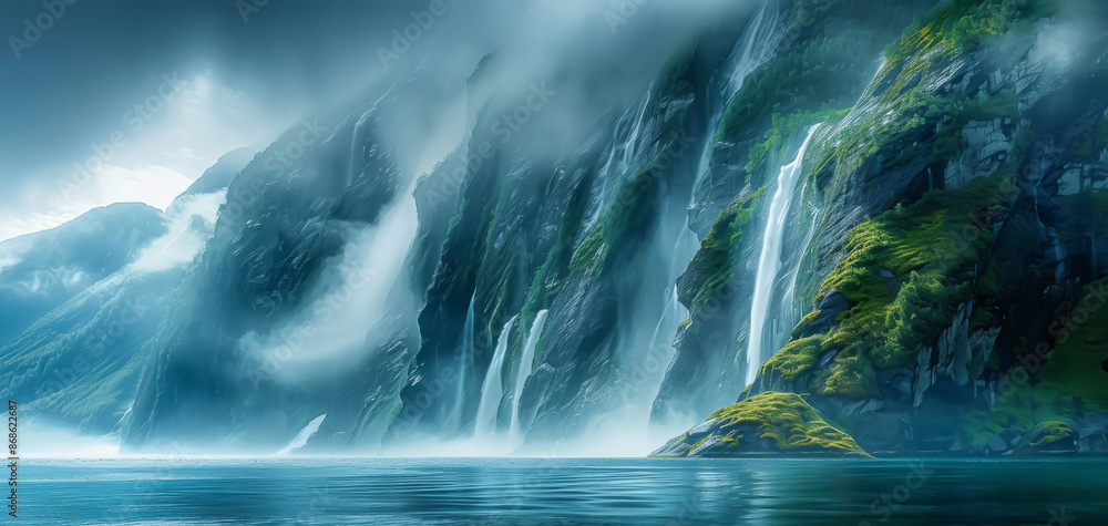 Fototapeta premium Moss-covered cliffs with a cascading waterfall, capturing nature's grandeur.