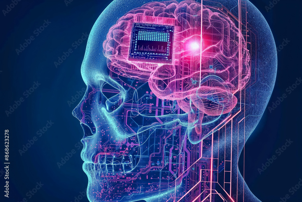 Digital wallpaper of The human head with a computer chip inside the ...