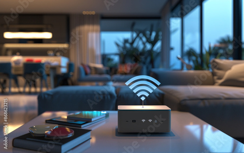 Central WiFi device spreading signals throughout a modern living room, showcasing a high-tech and ultra-realistic setting.