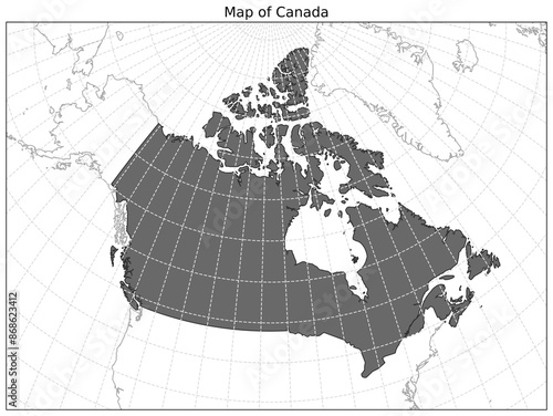 Map of Canada and its neighbouring territory shown alongwith grid lines